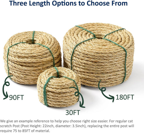 Cat Natural Sisal Rope 90FT, Hemp Rope for Scratching Post Tree Replacement, Repairing, DIY Scratcher, Natural Color