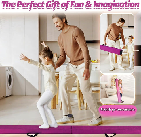 6FT/9FT 3-15- Folding Balance Beam for Kids ages Foldable Gymnastics Floor Beam,Anti-Slip ,Carrying Bag, Faux Suede