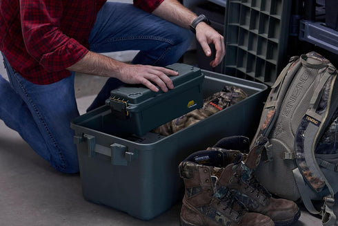 Plano Lockable Shot Shell Box, OD Green, Small Plastic Ammo Storage with Heavy-Duty Carry Handle, Holds 4 Boxes.