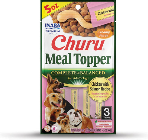 INABA Churu Meal Topper for Dogs, Creamy Lickable Purée Dog Food Toppers, 1.69 Ounce Tube, 3 Tubes (Chicken with Salmon)