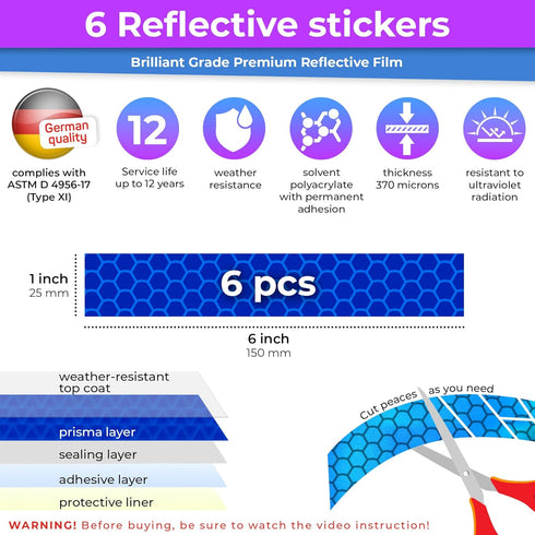 LOOM Reflective Stickers Kit (6pcs Brilliant-Blue) for Nighttime Safety, Waterproof Self-Adhesive Decals