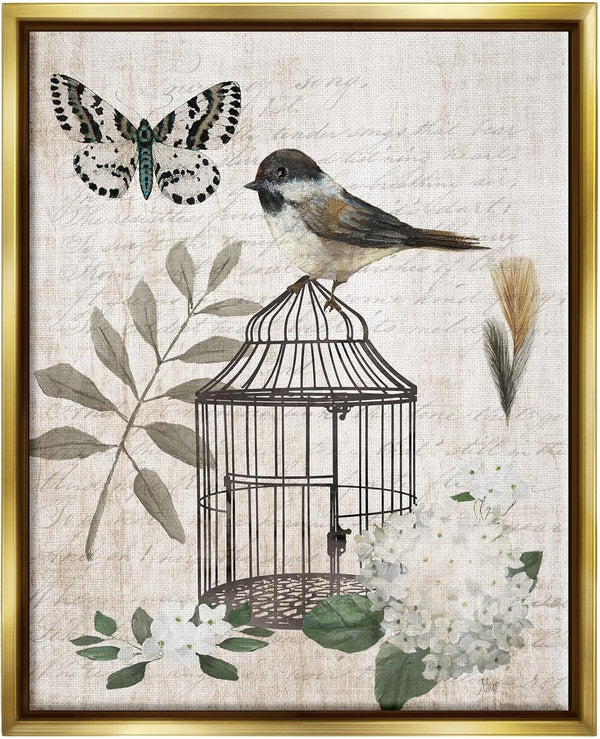 Stupell Industries Botanical Bird Cage Vintage Words Butterfly Motif Floating Wall Art, Design By Nan