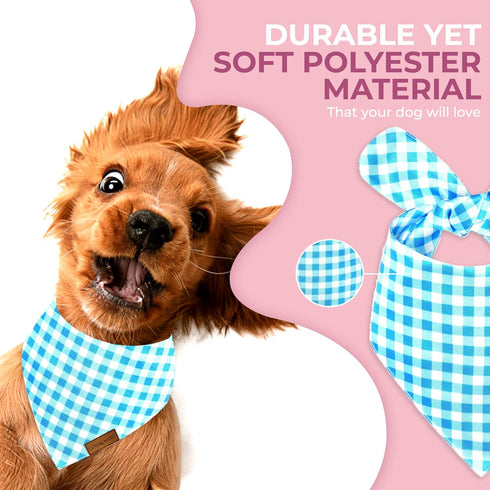 Luxury Dog Bandanas - Premium Silky Fabric Puppy Bandanas, 100% Handmade Quality, Custom Shape, Blue Checkers, Large