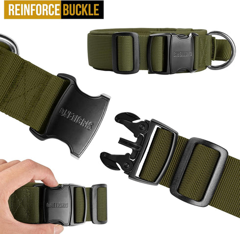 Tough Tactical Dog Collar with Handle, Military Adjustable Collar with Heavy Duty Metal Buckle, Large, Green