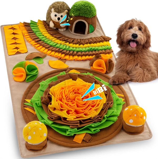 Pet Snuffle Mat for Dogs, Large Hedgehog Puzzle Toy with Squeaky Mushrooms, Portable Indoor/Outdoor Digging Mat