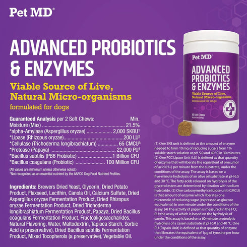 Pet MD Probiotics & Enzymes for Dogs, Digestive Aid Chews for Gut Health, 60 ct for Upset Stomach, Diarrhea