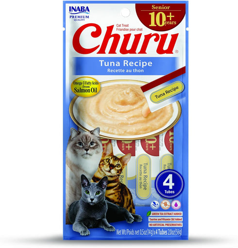 INABA Churu for Senior 10+: Creamy Lickable Cat Treats with Taurine, Vitamin E & C, 0.5 oz Each, 24 Tubes