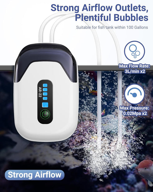 Aquarium Air Pump, Rechargeable Portable Oxygen Pump with Single/Dual Outlets for Fish Tank up to 30/70 Gallon