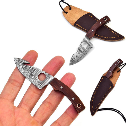 Neck Knife with Sheath, Damascus Hunting Knife, Mini Outdoor Survival Fixed Blade Knife, EDC 5 Inches with Wood Handle