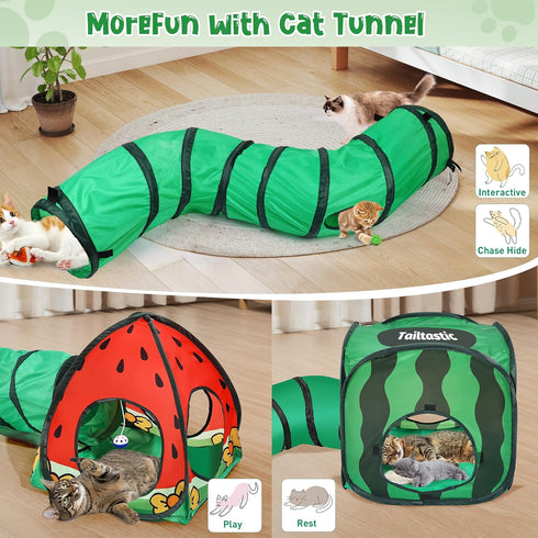 3-in-1 Tailtastic Watermelon Cat Play Tunnel with Pop-Up Cube & Triangle Cat Tent, Interactive Toy Ball & Foldable