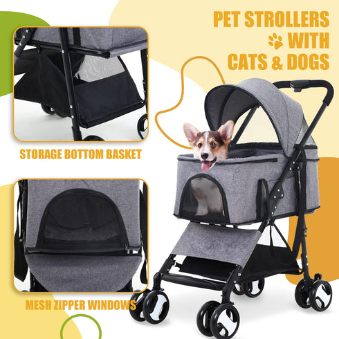 NChanmar 3-in-1 4 Dog Stroller Folding Dog Stroller for Medium Small Dogs Pet Stroller Cat Stroller Wheels
