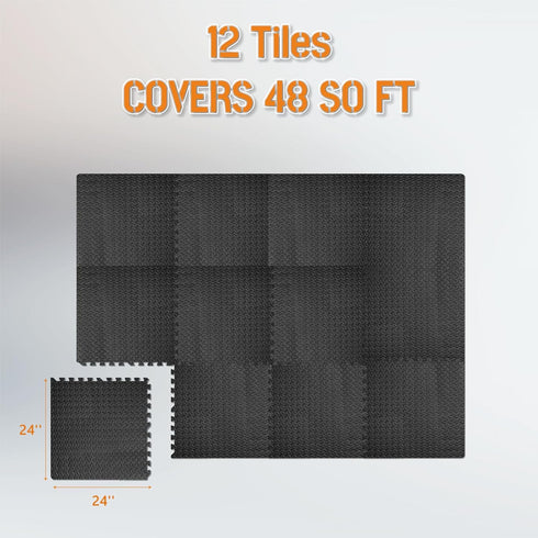 24x24 Inch 0.4 Inch 12 Pack 48 GWT Interlocking EVA Foam Floor Tiles Thick Gym Flooring for Home Gyms Garages