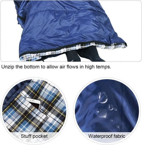 REDCAMP Flannel Sleeping Bag for Adults, Comfortable Cotton with Detachable Hood, Red/Grey/Blue for Camping