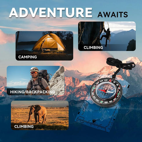 Set Backpacking Compass Hiking Survival, Wilderness Survival Compass for Kids- Magnetic Gear Navigation Map- Camping
