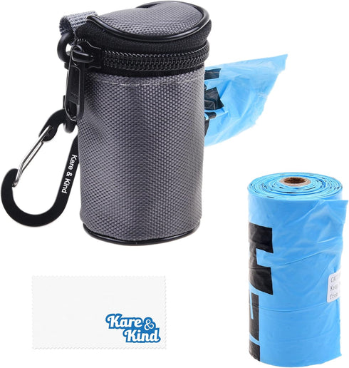 Kare & Kind Pet Waste Bag Dispenser with Carabiner - Double Layer Fabric - Zippered Poop Bag Holder and Pet Waste Bags