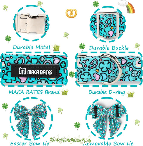 Maca Bates St. Patrick's Day Lucky Clover Dog Collar with Bow Tie, Adjustable Breakaway Green Collar for Dogs.