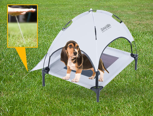 Outdoor Elevated Dog Cot with Canopy & Side Shade for Small Medium Dogs, Portable Cooling Raised Bed with Carry Bag