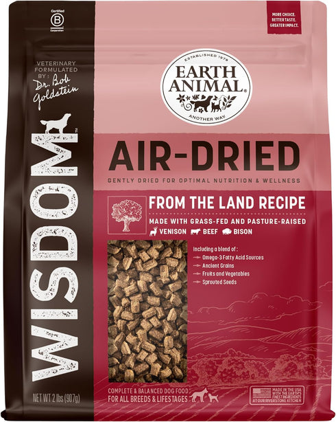 Earth Animal Wisdom Air Dried Dog Food, from The Land Recipe, Venison, Beef, Bison, 2 lb Bag, Made in USA