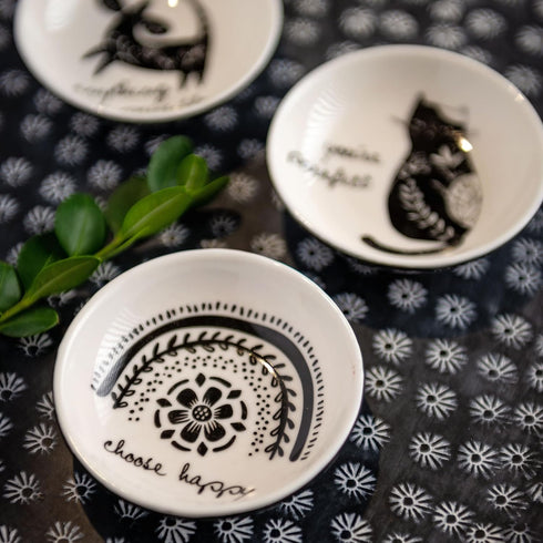 Karma Boho Ring Bowl, Black and White Decorative Ceramic Trinket Tray, Jewelry Dish for Rings