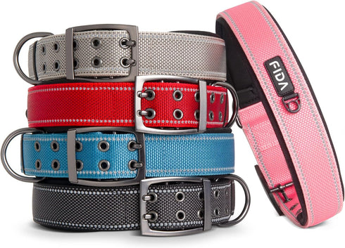 Fida Heavy Duty Dog Collar, 1.5” Width, Ultra Soft Neoprene Padded, Adjustable Reflective Nylon Collar with Two Metal