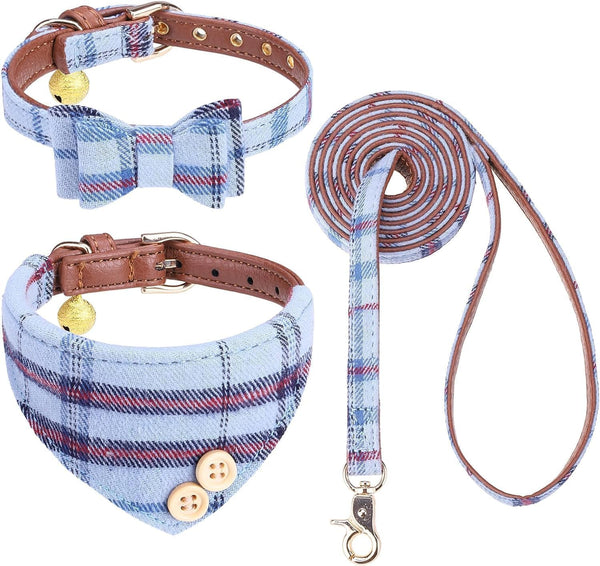 KOOLTAIL Dog Collar and Leash Set, Adjustable Soft Leather Puppy Collar with Bow Tie & Bell for Small Medium Dogs, Blue