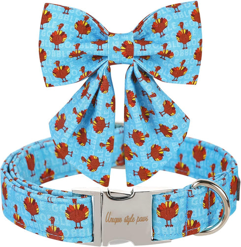 Unique Style Paws Thanksgiving Dog Collar with Bow Tie, Blue Turkey, for Small Medium Large Dogs, Autumn Winter Gifts -