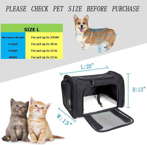 Soft Sided Carrier for Small Medium Cats Dogs, Large Black, Removable Pad Collapsible Travel