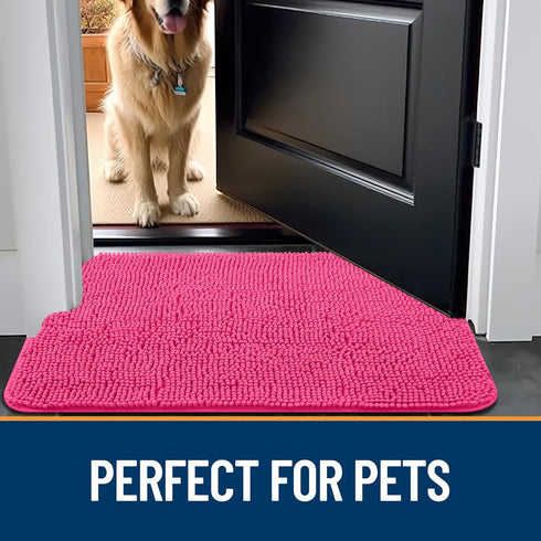 OLANLY Dog Door Mat for Muddy Paws, 30x20, Absorbent Non-Slip Washable Mat, Quick Dry Chenille, Hot Pink