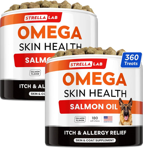 STRELLALAB Omega 3 for Dogs - Fish Oil Treats, Allergy & Itch Relief, Skin & Coat Supplement, 360Ct Salmon Flavor