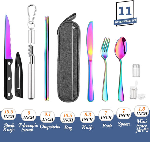 Hommaly Portable Travel Reusable Utensils Silverware with Case,Camping Cutlery set,Chopsticks and Straw Flatware, Stainless steel Utensil set (Rainbow) U by Hommaly