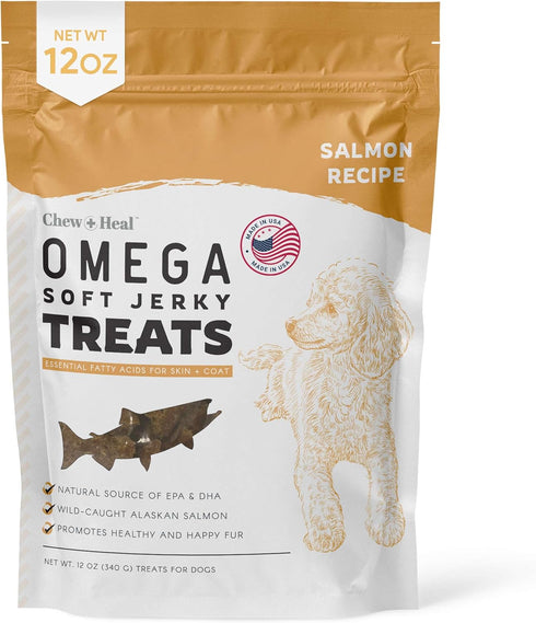Chew + Heal Labs Omega Salmon Jerky Dog Treats, 12 oz, Soft Salmon Jerky for Skin and Coat