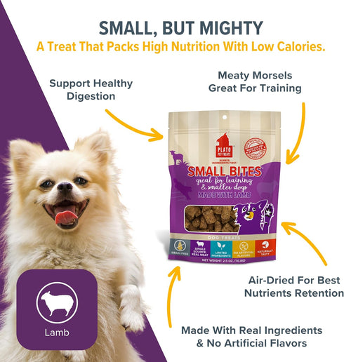 PLATO Pet Treats Air Dried Small Bites Dog Treats, Natural Bite Sized Real Meat & Lamb, Grain Free & High Protein, Made in The USA, 6oz
