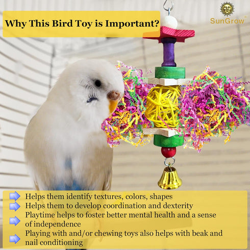 SunGrow Parakeet Toy - Brightly Colored Hanging Toy Made of Rattan, Wood, and Shredded Paper for Small Parrots