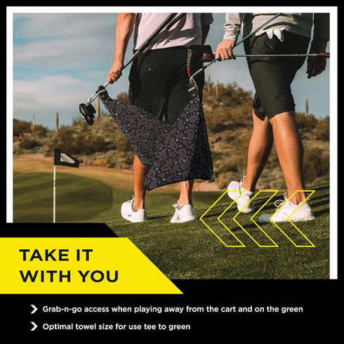 STICKIT Magnetic Golf Towel, Black Paisley Microfiber with Deep Waffle Pockets, Strong Magnet