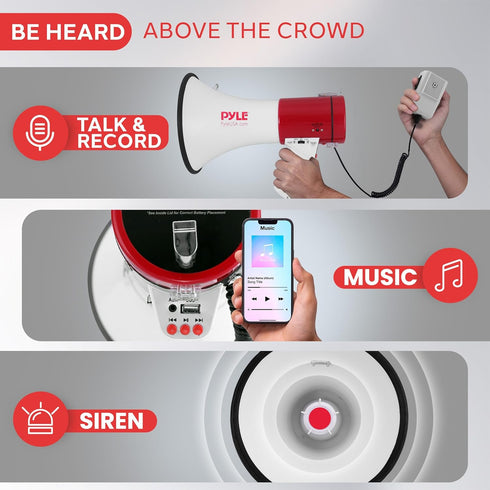 Pyle 50W 1760 Megaphone PA Bullhorn - Built-in Siren, Adjustable Volume Control & Yard Range, Record Function - Ideal