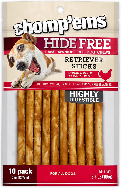 CHOMP 'EMS Chicken Hide Free Dog Chews, Rawhide Free Alternative Chew Treat, 5in, 10 Count