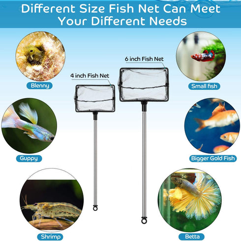 2 Pieces Fish Tank Net, Long Handle Mesh Aquarium Nets, Extendable 12.5-27.5 Inch Stainless Steel