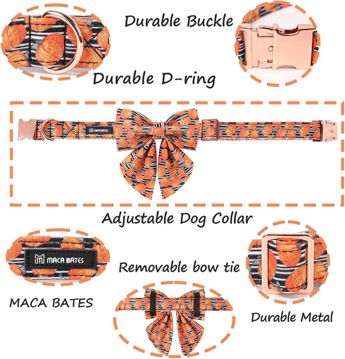 Maca Bates Halloween Pumpkin Dog Collar with Bow Bowtie for Dogs Sailor Bow Tie Adjustable Breakaway Cute Collars Accessories Fall Gift for Small Medium Large XL Puppy with Golden Metal Buckle
