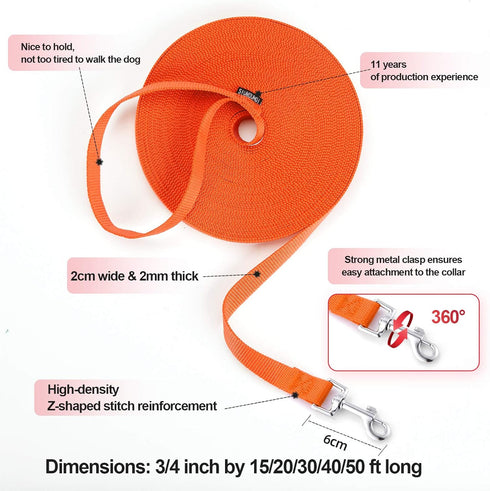 Dog Leash for Recall Training, 15 ft 20 ft 30 ft 40 ft 50 ft Long Rope, Extended Training Leash for Dogs (30Feet,