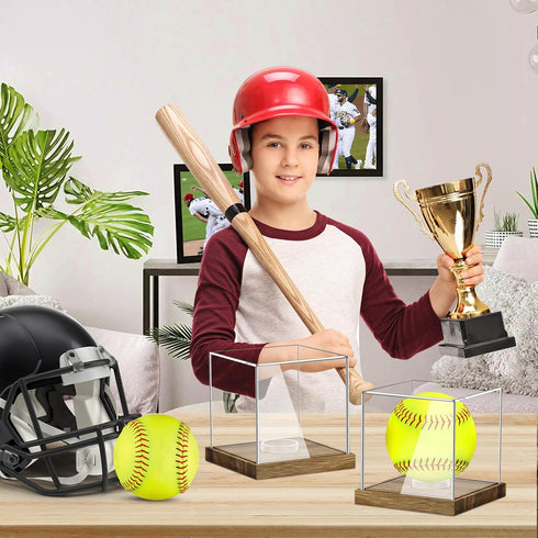 Clear Acrylic Softball Display Case with Wood Base, Memorabilia Stand Cube Holder, Dust Protection Transparent Storage