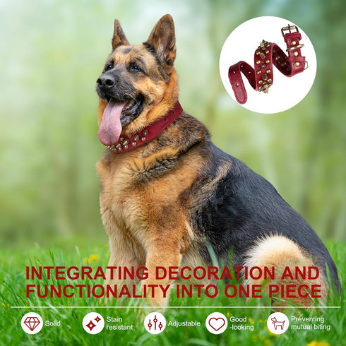 Spiked Leather Dog Collar with Bullet Rivets, Soft Adjustable Collar for Small Medium Large Dogs, Red, L.
