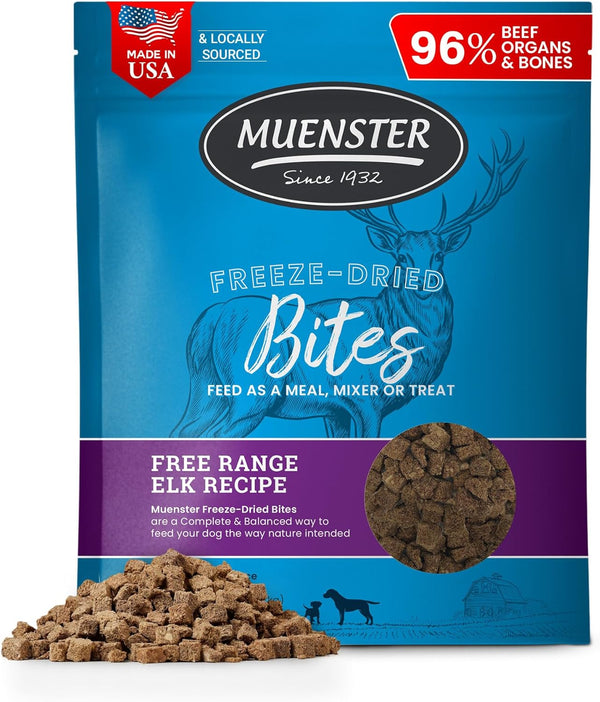 Muenster Freeze Dried Dog Food Topper Bites (16oz) - Farmhaus Elk Freeze Dried Raw Dog Food with Organic Minerals