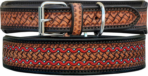 Leather Dog Collar Western Style Heavy Duty Hand Tooled Adjustable Padded Soft for Puppies and Big Dogs (10AB133-XS)