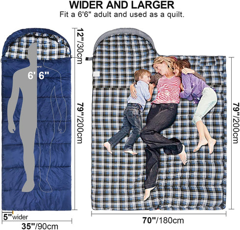 REDCAMP Flannel Sleeping Bag for Adults, Comfortable Cotton with Detachable Hood, Red/Grey/Blue for Camping