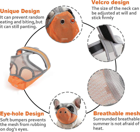 Short Snout Dog Muzzles, Adjustable Breathable Mesh for Bulldogs, Anti-Biting Training, Orange
