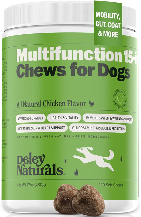 Deley Naturals 15 in 1 Dog Multivitamin Treats - 120 Grain Free Soft Chews for Immune System, Skin & Coat, Joint