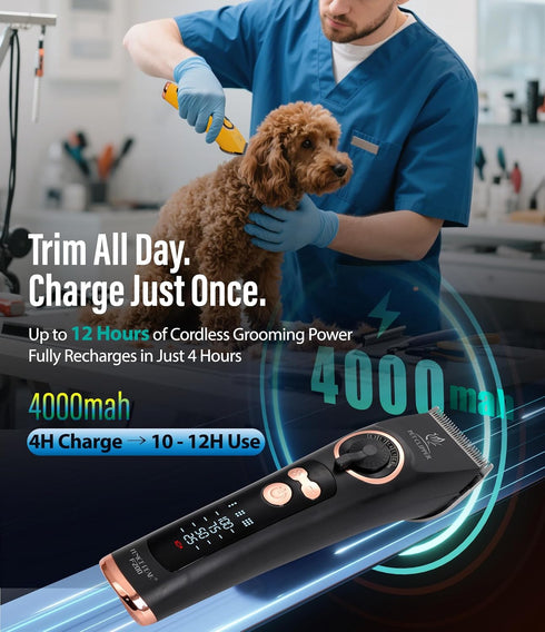12H 440C 3-Speed Professional Dog Grooming Clippers with Runtime & Replaceable Blade, Low Noise Electric Dog Shaver
