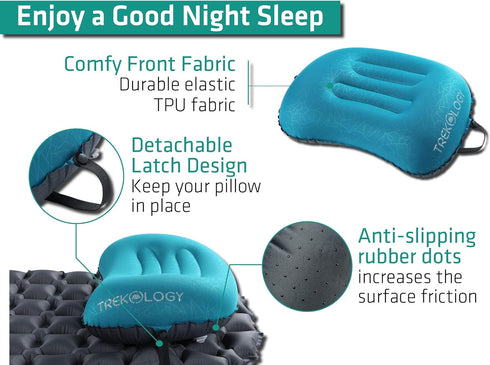 TREKOLOGY Ultralight Inflatable Camping Travel Pillow - ALUFT 2.0 Compressible Ergonomic Pillow for Support