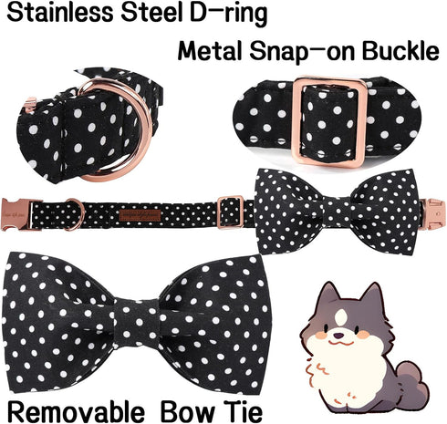 Unique Style Paws Cotton Dog Collar with Bow, Black White Round Dot for Small Medium Large Boys Girls