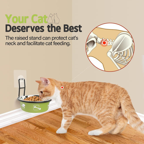 Elevated Cat Bowls, Wall Mounted Stainless Steel Food Dish, Nonslip No Spill Pet Feeding Bowls (2 Packs, Green)